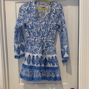CELINA MOON Blue and White Long Sleeve Printed Dress